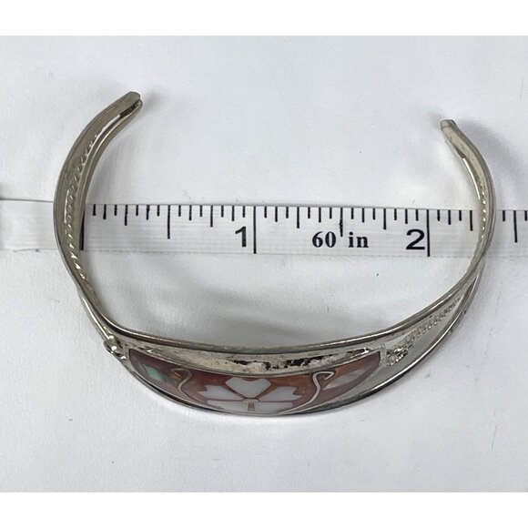 Vintage Alpaca Mexico Silver Tone Cuff Bracelet Mother Of Pearl Inlay Floral Des - Picture 8 of 8